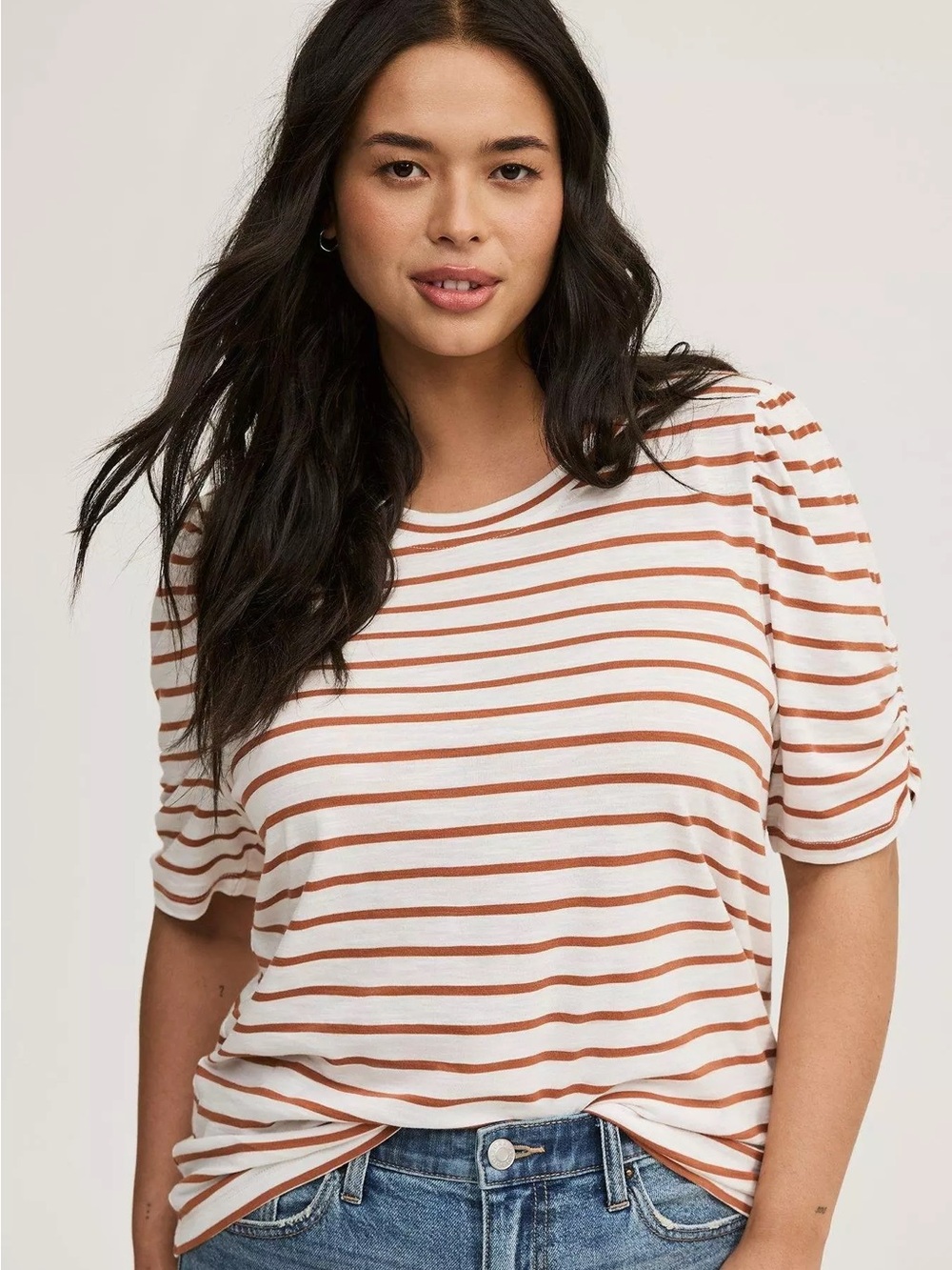 NWT Torrid Cotton Modal Tee Latte Ivory Stripe Smocked Sleeve Sz 2 / 2X